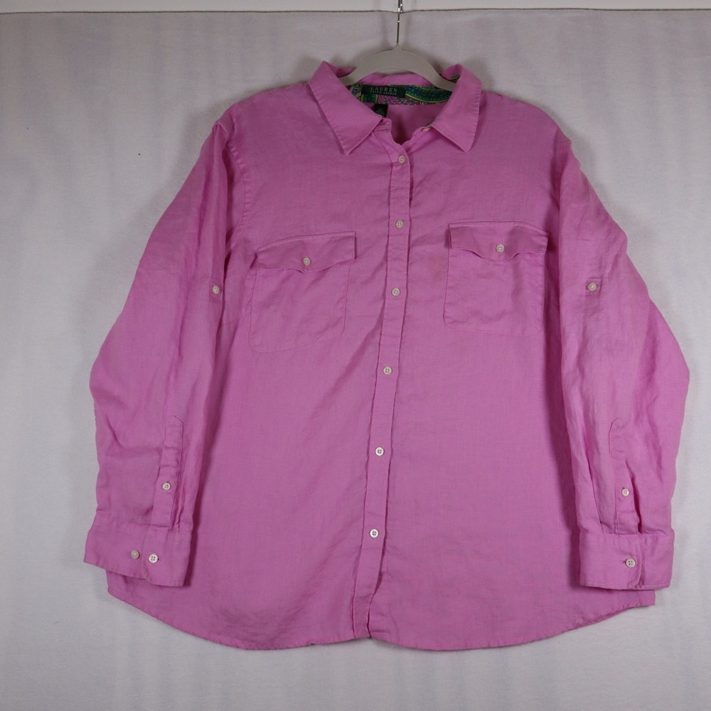 Lauren Ralph Lauren 100% Linen Shirt Women's 2X Pink Long Sleeve Beach Coastal